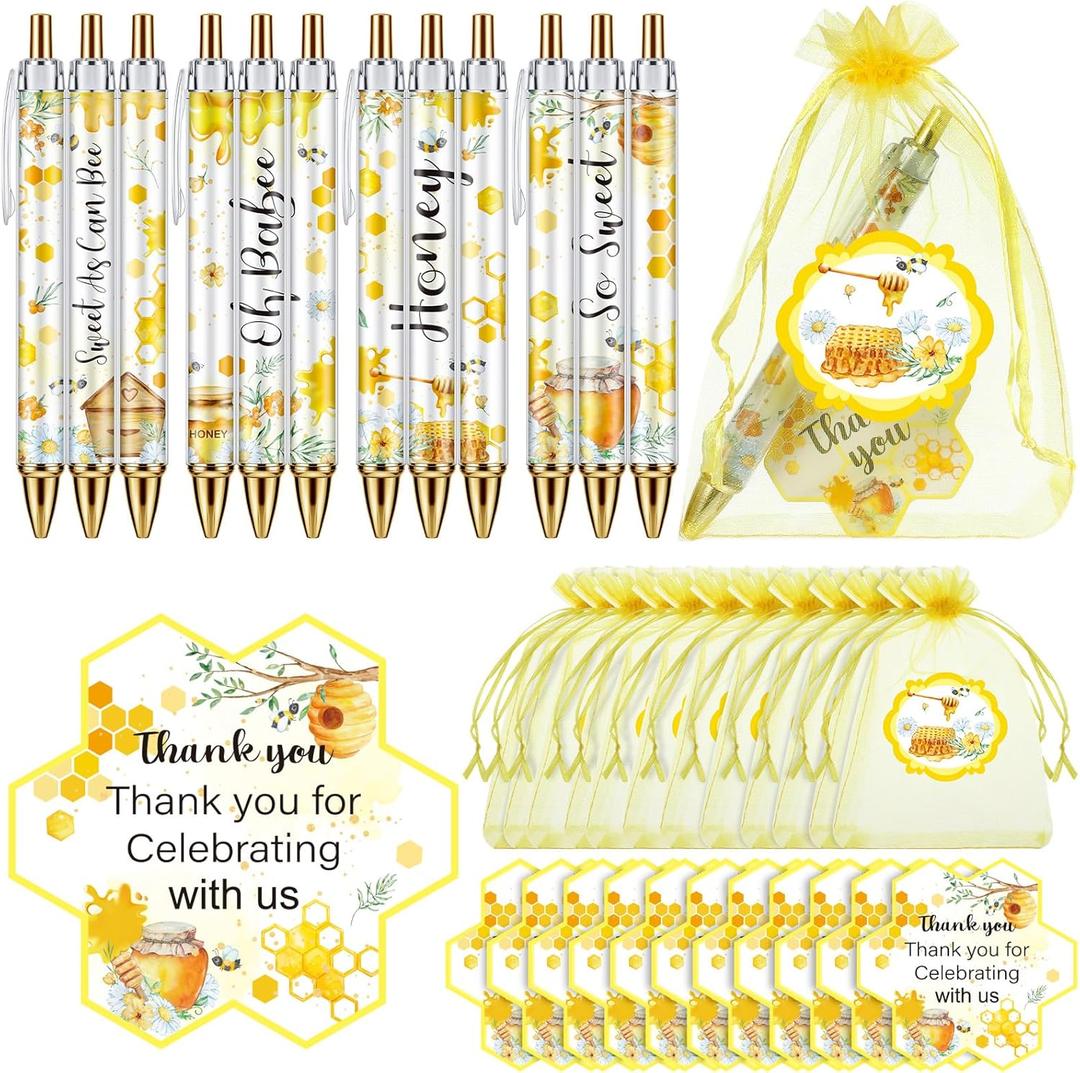 Chuangdi 50 Sets Baby Shower Favors Gifts for Guests Includes 50 Pcs Ballpoint Pens, Thank You Cards and Organza Bags(Bee)