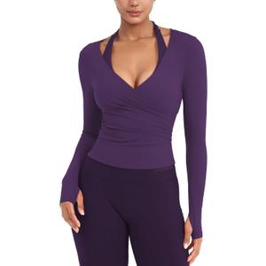 YEOREO Ease Women Workout Wrap Top Long Sleeve with Thumb Holes V Neck Basic Shirts for Yoga Pilates Going Out Shrug Blouse, M
