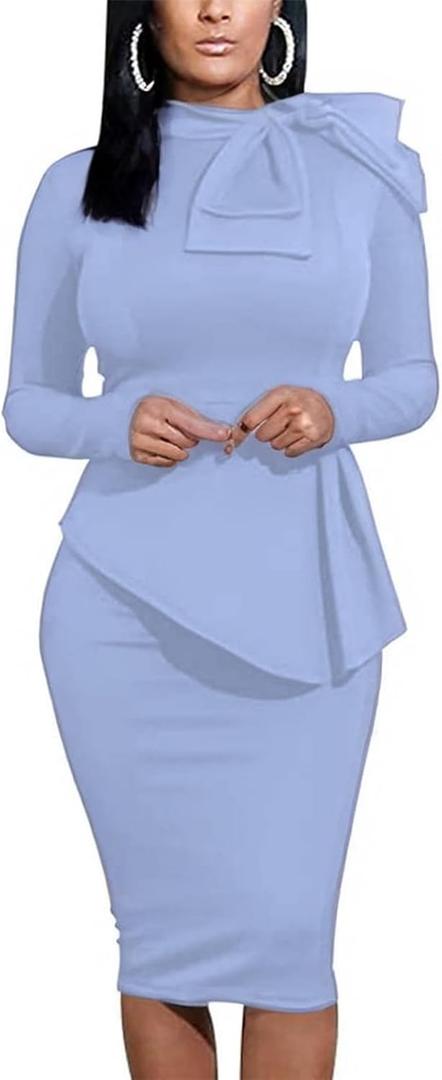 Women's Peplum Bodycon Long Sleeve Wear to Work Dresses Bow Party Club Ruffle Formal Cocktail Pencil Dress (Large, Light Blue)