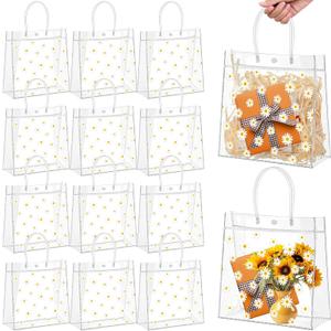 Kolldenn Clear PVC Gift Bags with Handle, Transparent Tote, Reusable Treat Bags for Wedding Birthday Shopping Party Supplies(White,9.84"x9.84"x3.54",Daisy)