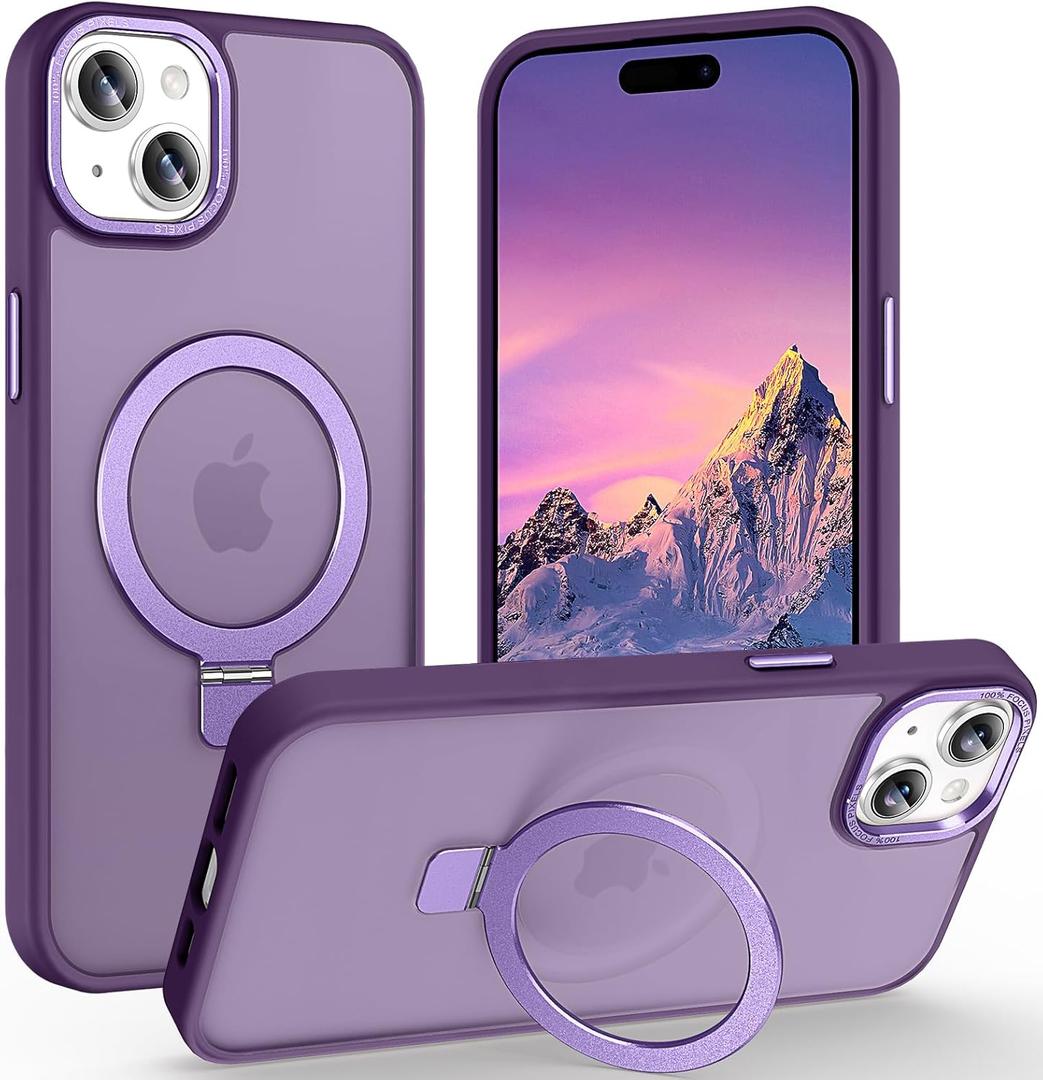 Magnetic for iPhone 15 Plus Case with Ring Stand, [10 FT Drop Protection] [Velvety Touch] Slim Translucent Matte Back Shockproof Phone Case for iPhone 15 Plus 6.7'', Dark Purple
