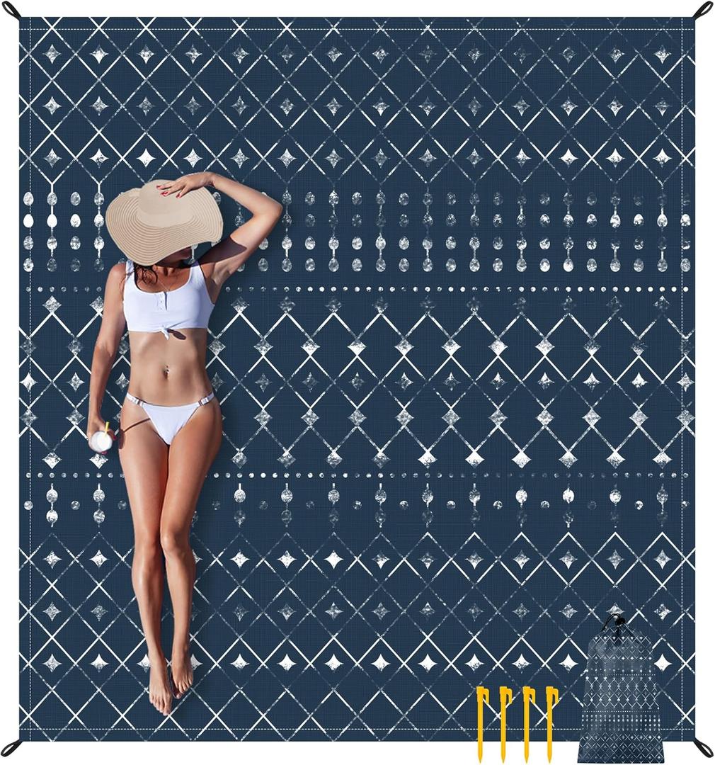 Beach Blanket Waterproof Sandproof, Large Beach Picnic Blankets Foldable Sand Free, Beach Mat Windproof w/Stakes and Corner Pocket for Outdoor, Travel, Camping, Hiking, Beach Essentials-Navy Geometry (9x10 FT (18 Person))