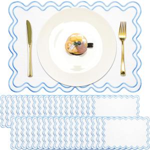 36 Pcs Cotton Linen Placemats 13x19 Inch Wavy Embroidery Scalloped Place Mats Double Layered Washable Rustic Table Decor for Kitchen Restaurant Hotel Dining Accessories(White with Blue)