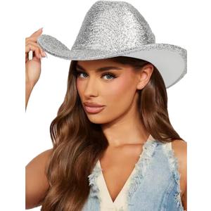 Women-Western-Glitter-Cowboy Hat - Sparkle-Cowgirl-Hat Roll-UP- Brim-Fedora-Hat for Disco Costumes Party (Medium, Plastic Silver) Women-Western-Glitter-Cowboy Hat - Sparkle-Cowgirl-Hat Roll-UP- Brim-Fedora-Hat for Disco Costumes Party (Medium, Plastic Silver)