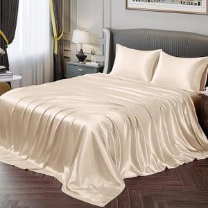 Vonty Satin Sheets King Silky Soft Satin Bed Sheets Beige Sheet Set, 1 Deep Pocket Fitted Sheet + 1 Flat Sheet + 2 Pillowcases