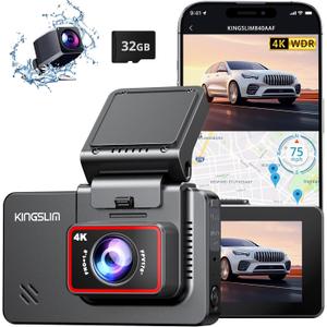 Kingslim Dash Cam Front and Rear 4K - D4 Dual Dash Camera for Cars WiFi GPS, Dashcam with 32GB SD Card, 3" Touchscreen, Night Vision, APP, Parking Mode, G-Sensor, Black