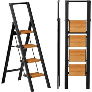 SOLADDER Step Ladder 4 Step Folding Stool with Anti-Slip Widened Sturdy Pedal and Handgrip, Portable Lightweight Aluminum Ladder for Home,Kitchen,300 lbs Capacity-Black+Woodgrain