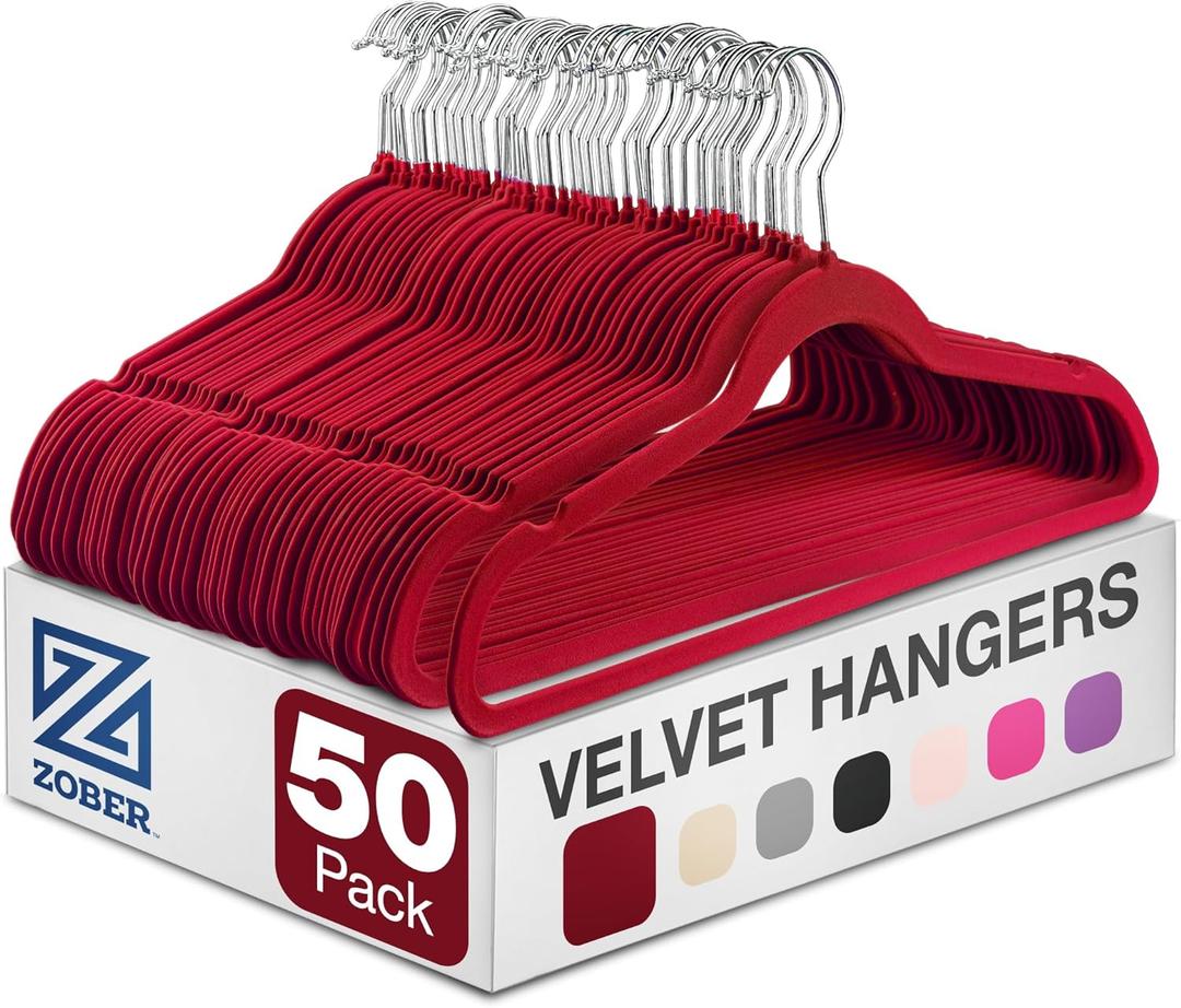 Zober Premium Quality Space Saving Luxurious Velvet Hangers Strong and Durable Hold Up to 10 Lbs - 360 Degree Chrome Swivel Hook - Ultra Thin Non Slip Suit Hangers, Royal Red/Burgundy - 50 Pack