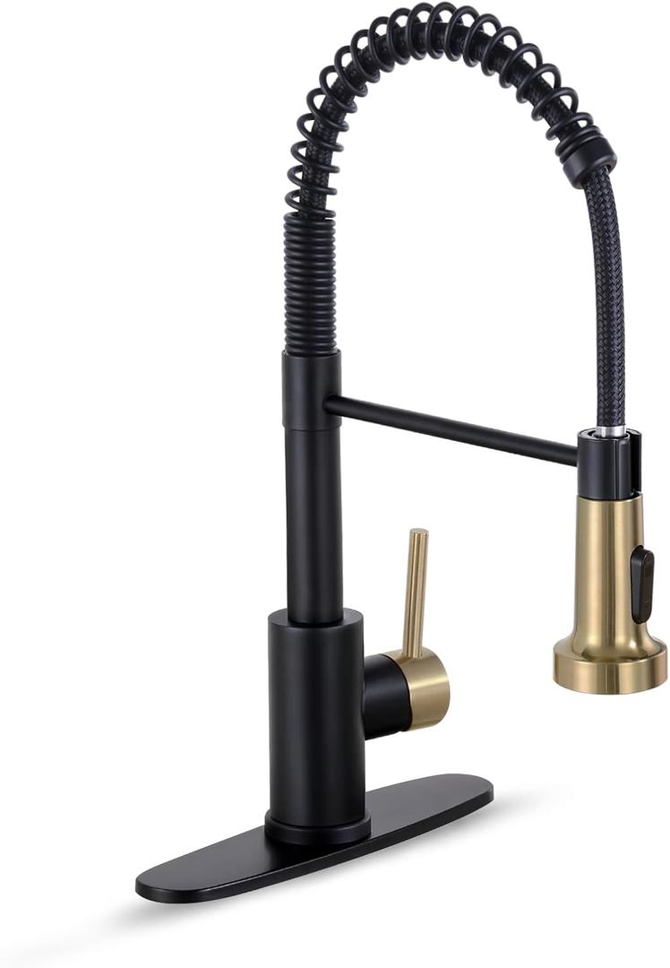 HGN Kitchen Faucet with Pull Down Sprayer, Commercial Single Handle Spring Kitchen Sink Faucets for Farmhouse Camper Laundry Utility Rv Wet Bar Sinks Black&Brush Gold (Black&Brush Gold)