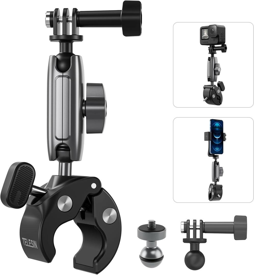TELESIN Super Clamp Camera Mount with 360 Dual Ball Head, Bike/Bicycle/Motorcycle Handlebar Mount for DJI Osmo Pocket 4/ DJI Osmo Action 6/ Action 5 Pro/Osmo Nano/Action 4/Hero 13 12 11/Insta 360 X5