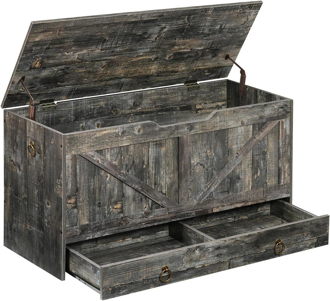 HOOBRO Storage Chest, 39.3" Toy Chest with Drawer, Wooden Storage Bench, Sturdy Entryway Bench Supports 220 lb, Shoe Bench, Safety Hinge, U-Shaped Opening, Easy Assembly, Vintage Gray VP710CW01G1 (39.3"L x 15.7"W x 19.7"H)