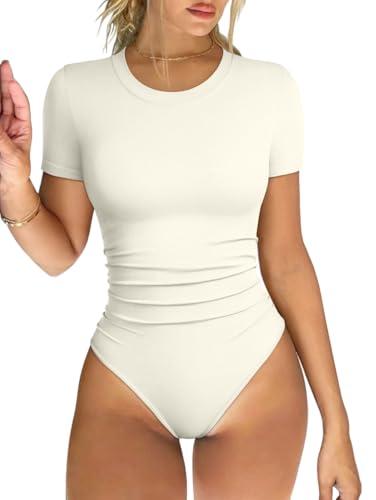 OQQ Women's Crew Neck Short Sleeve Bodysuit Ruched Stretch Vacation Basic for Tops Spring & Summer Beige XL