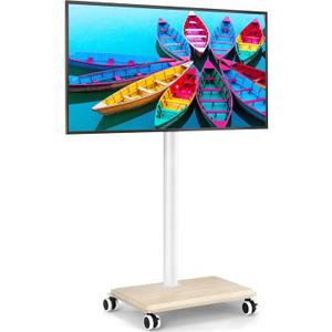 Rfiver Rolling TV Stand for 32 to 55 60 Inch TVs up to 88lbs, Height Adjustable Mobile TV Stand with Wood Base, Space-Saving Design Tall TV Cart Floor Stands for Living Room, Bedroom, Corner (White)