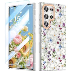 MILPROX Flower Case for Samsung Galaxy S24 Ultra, with Screen Protector Cute Floral Design for Girls and Women, Protective Shockproof Phone Cover for Galaxy S24 Ultra 6.8-Inch (Garden)
