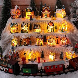 Zubebe 64 Pcs Christmas Village Set, Christmas Village Houses LED Holiday Village Figurines Christmas Village Buildings Christmas Town Scene Desktop Ornaments Indoor Room Decor Collection