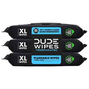 DUDE Wipes - Flushable Wipes - 3 Pack, 144 Wipes - Unscented Extra-Large Adult Wet Wipes - Vitamin-E & Aloe - Septic and Sewer Safe DUDE Wipes - Flushable Wipes - 3 Pack, 144 Wipes - Unscented Extra-Large Adult Wet Wipes - Vitamin-E & Aloe - Septic and Sewer Safe
