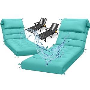 Uthem Waterproof Lounge Chair Cushion Set of 2, Outdoor Fade Resistant Chaise Lounger Replacement Cushions with 6 Ties, Thickened Memory Foam Pool Lounge Chair Cushions, 76 x 22 x 4.7 Inches, Teal