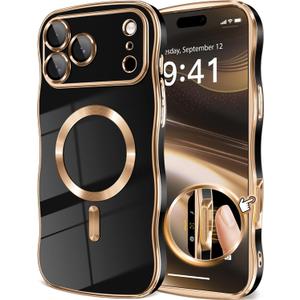 GVIEWIN for iPhone 17 Pro Case Compatible with MagSafe, Upgraded [Full Camera Protection][Cute Wave Frame][Military Grade Protection] Electroplated Hard Phone Cover for Women Girl, Black