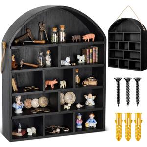 16x20 Arch Shaped Extra Deep Wooden Shadow Cubby Box Depth 4.7'' Rustic Trinket Display Floating Shelf with Removable Shelf Rope Wall Mounted Freestanding for Miniature Figures Curio(Black)