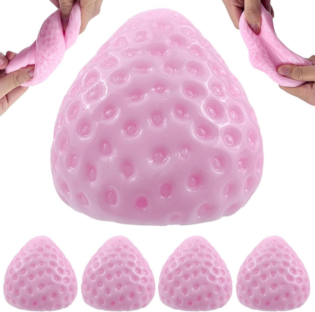 2 x 4 Pcs Soft Strawberry Squishy Toys for Stress Relief, Cute Sensory Fidget Toy for Adults, Kawaii Sticky Squeeze Fruit for Anxiety and Relaxation, Small Desk Toys for Home Office (Pink)