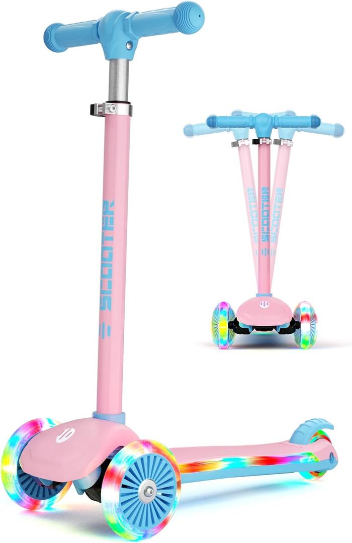 KORIMEFA Scooter for Kids Ages 3-8 with Light-Up Wheels & Deck, 3-Wheel Toddler Scooter with Adjustable Height, Anti-Slip Deck, Lean-to-Steer