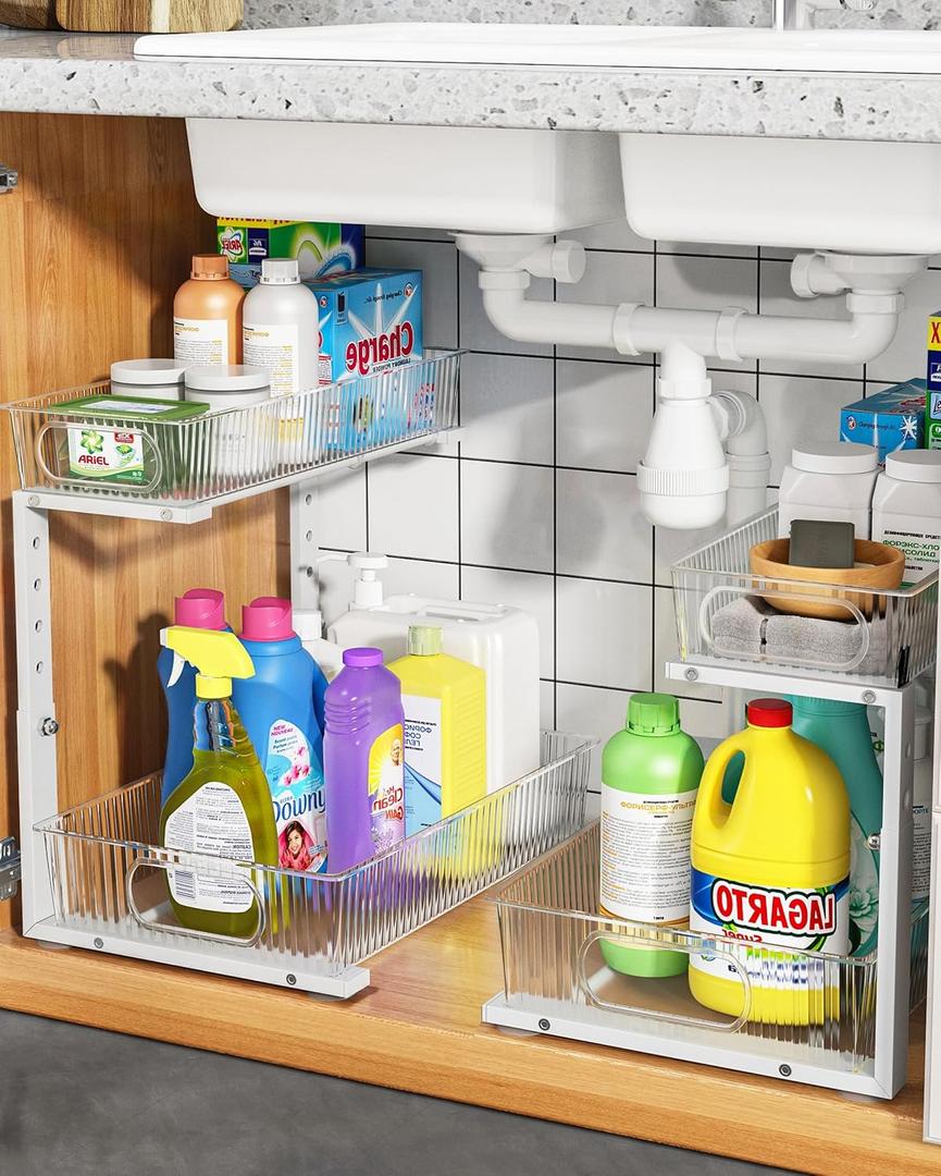 UMDONX Under Sink Organizer 2-Pack Adjustable Bathroom Under Sink Pull-Out Organizer with 5 Adjustable Heights for Kitchen, Bathroom & Laundry Storage