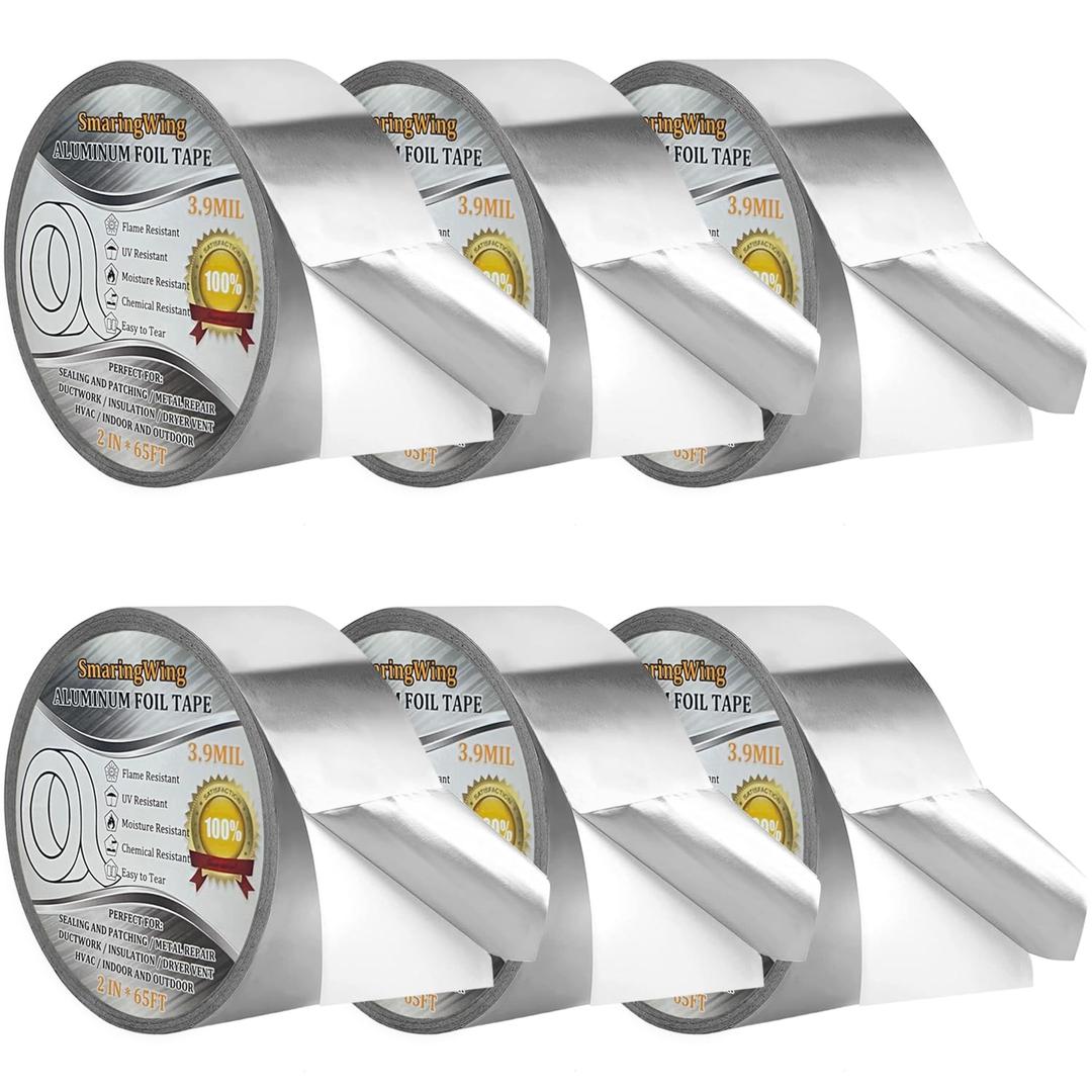6Rolls Aluminum Foil Tapes, HVAC Duct Tape Heavy Duty, Silver Metal Adhesive Insulation Tape (3.9mil, 2"x65 Feet) High Temperature for Pipe Ductwork, Sealing Patching Heat Cold Air Ducts, Dryer Vents