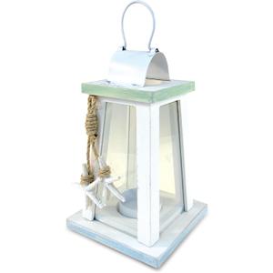 Puzzled Wooden Beach Lantern - White Wood Metal Lanterns with Starfish Rope Accents 6.75 Inch Distressed Hanging and Tabletop Rustic Candle Holder - Unique Home Decor Coastal Lamp - Item 9441-10