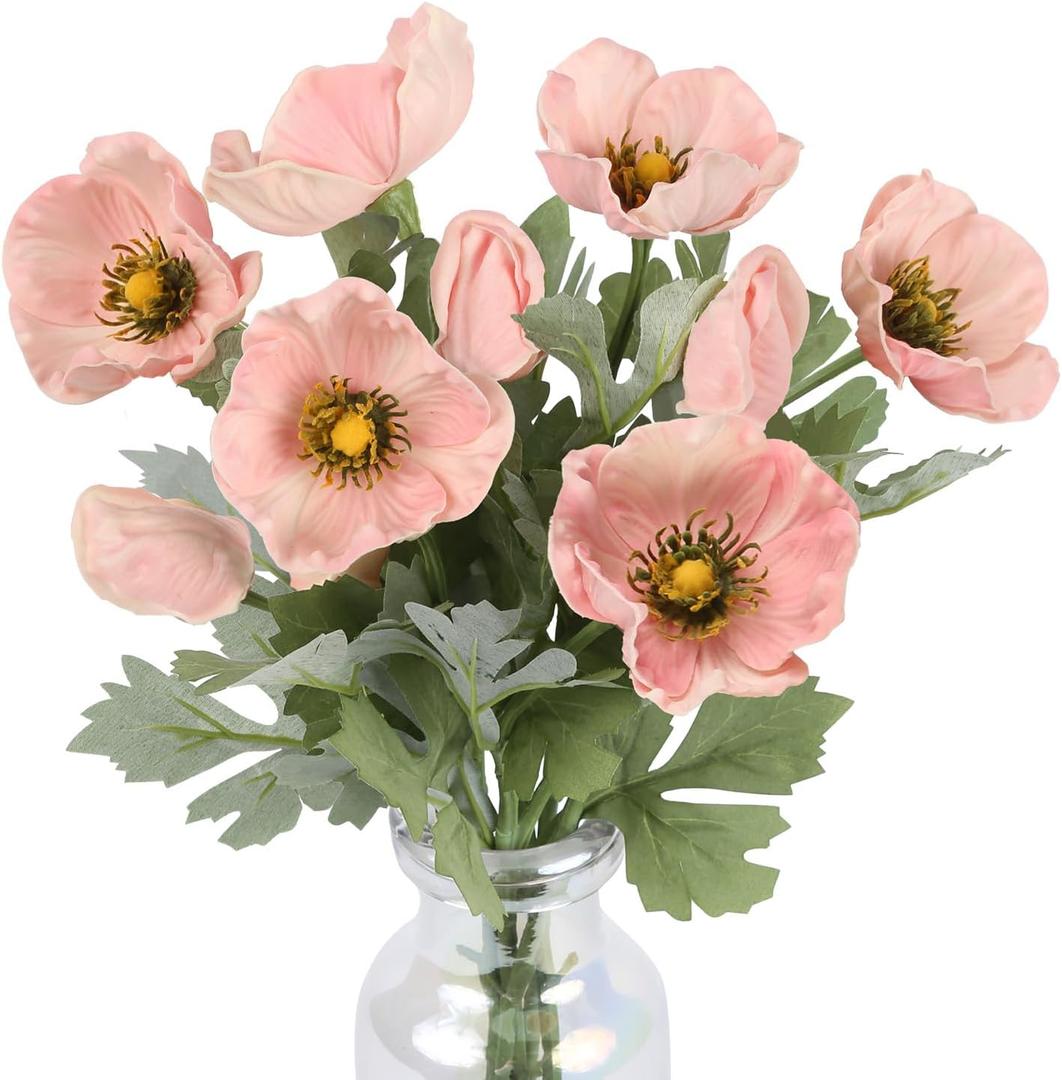 IPOPU 6pcs Pink Artificial Poppy Flowers Real Touch Faux Poppy Flowers Fake Poppies with Stems for Floral Arrangements Home Wedding Dining Table Party Garden Decoration(Pink)