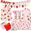 Strawberry Birthday Decorations Strawberry Party Plates and Napkins Berry First Birthday Party Supplies Includes Plates, Napkins, Cups, Cutlery, Banner, Tablecloth for Girls Birthday Decor