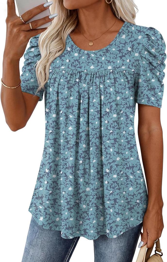 Anydeer Women Tunic Top Summer Short Puff Sleeve Chest Pleated Tshirts Casual Round Neck Blouse Loose Tee (XX-Large, White+blue Flowers)