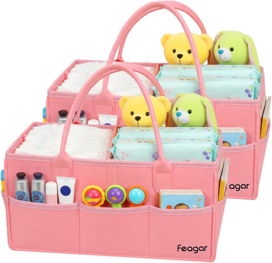 Feagar Baby Diaper Caddy Organizer, 15 Inch Large 2 Pack Set with 8 Pockets & 2 Dividers, Portable Nursery Storage Basket & Car Organizer for Changing Table, Travel (Pink)