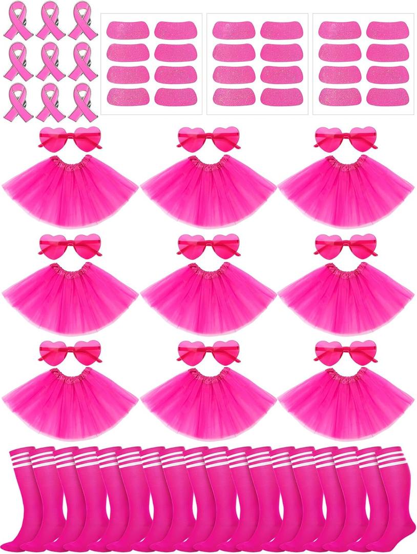 60 Pcs Breast Cancer Awareness Accessories Set Bulk Tutu Skirts Pink Ribbon Pins Heart Sunglasses Knee High Socks Face Glitter Stickers for Breast Cancer Mud Run Parade Running Activities