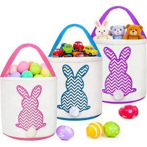 TURNMEON 3 PCS Easter Bunny Basket, Kids Easter Egg Hunts Bucket Tote Decorations Personalized Easter Baskets with Handle Candy Gifts Storage for Boys and Girls
