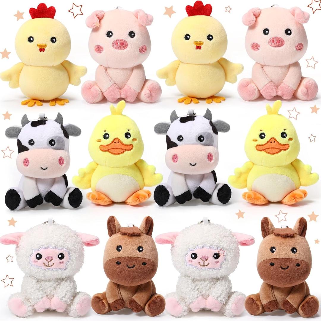 12 Pcs Mini Farm Stuffed Animals Bulk 4 Inch Farm Plush Toys Animals Plush Cow Horse Duck Chick Pig Sheep for Wedding Birthday Baby Shower Classroom Student Awards Graduation Party Favors
