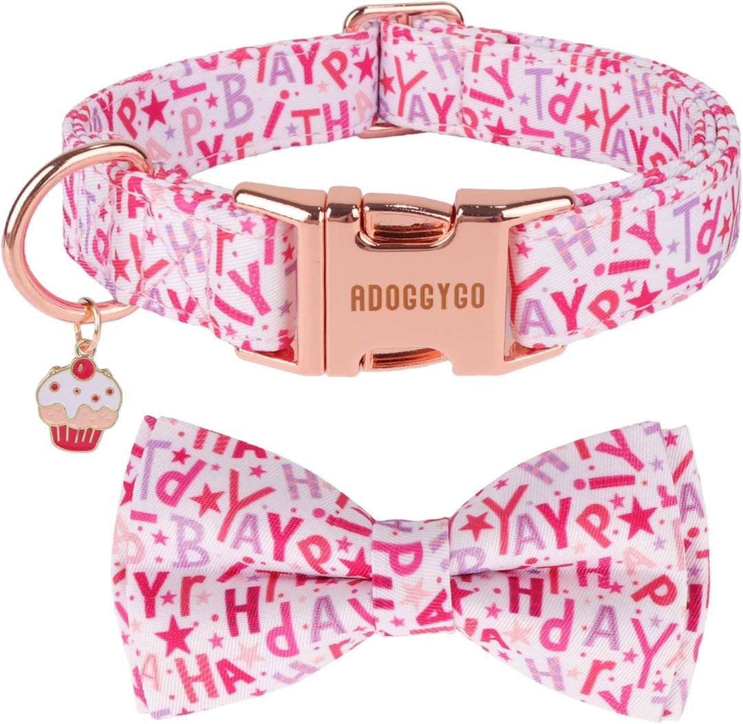 ADOGGYGO Birthday Dog Collars with Bow, Detachable Bowtie, Metal Buckle, Adjustable Girl Pet Birthday Party Supply for Medium Dogs (Medium)