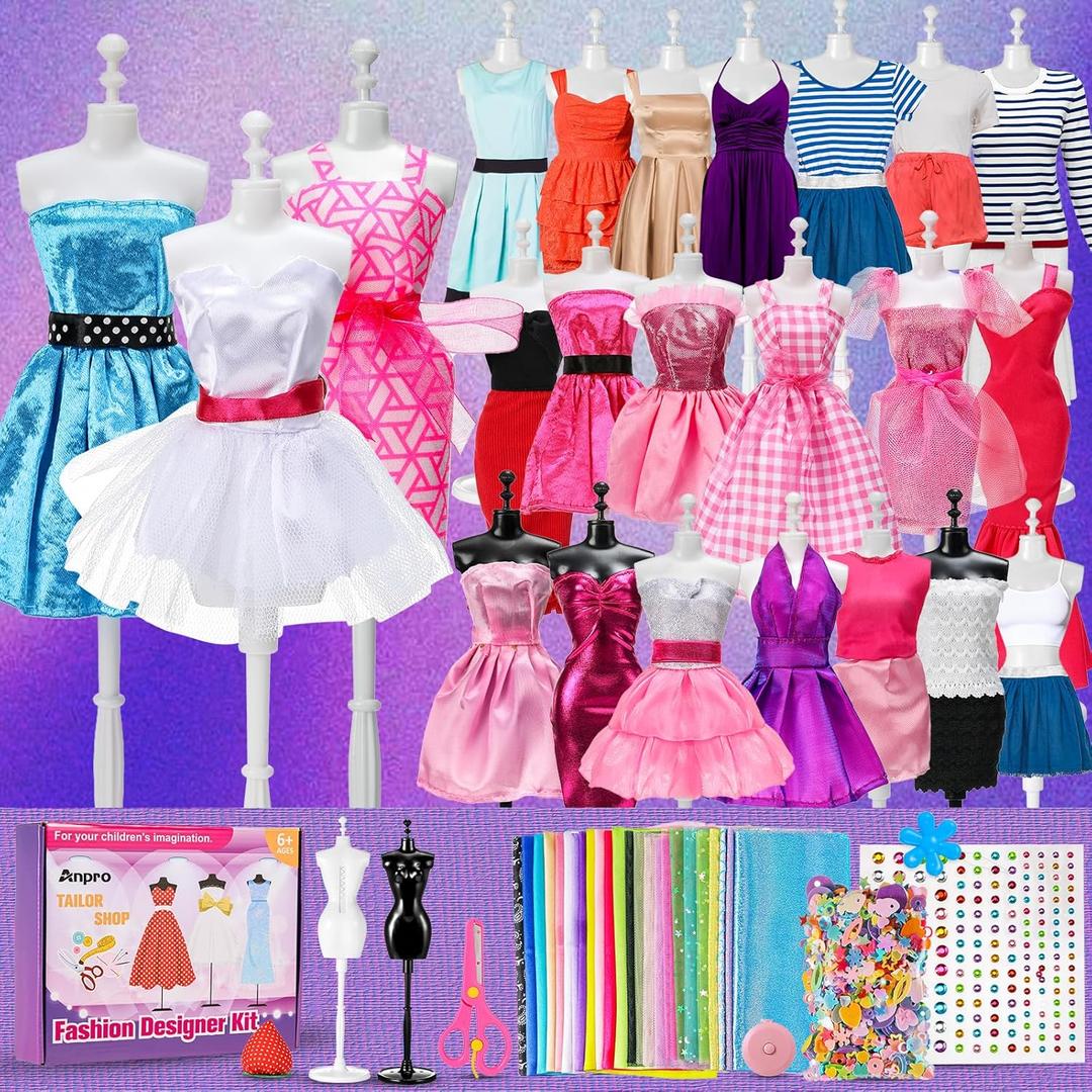 Anpro 650+Pcs Fashion Designer Kit for Girls with 2 Mannequins, DIY Arts & Crafts Kit for Girls Age 6-12 Toys, Doll Clothes Making Sewing Kit -Pink