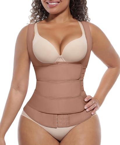FeelinGirl Waist Trainer for Women Latex Waist Trainers Vest Plus Size Waist Cincher Corset 3 Belts Hooks Steel Bones S