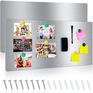 Therwen 2 Pieces 30 x 14 Inches Magnetic Wall Board Wet Erase Stainless Steel Magnet Bulletin Board Easy to Install with Mounting Screws for Home Office School Wall Refrigerator Display