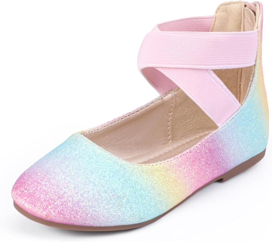 Hehainom Girls Dress Shoes Toddler Little Kids Gracy Ballet Mary Jane Ballerina Flats with Elastic Ankle Strap (Rainbow Glitter, 8)