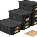 Small Plastic Twill Woven Storage Baskets with Lids, Stackable Organizing Containers with Labels for Pantry Closet Office, 6-Pack,10.35"x7.3"x4.09", Black