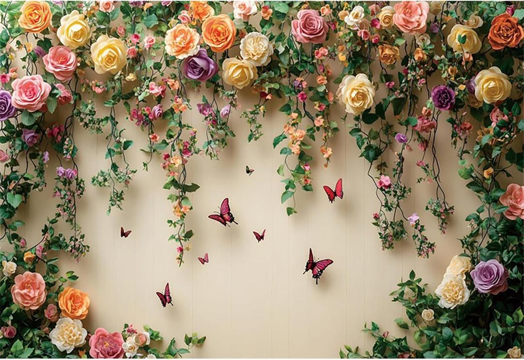 10x8ft Flowers Wall Photography Background Butterfly Spring Floral Botanical Banner Backdrop Vintage Wedding Birthday Backdrop Decorations Girls Party Table Cake Decoration Photo Props