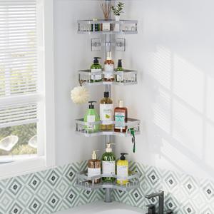 HEVEL Corner Shower Caddy Tension Pole, 4 Tier Adjustable Shower Organizer Corner 62-115 Inch, Rustproof Bathroom Shower Shelves for Bathtub Storage, Silver