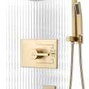 SOOOHOT Brushed Gold Shower Fixtures, Gold Shower Faucet Set with 12 Inch Gold Shower Heads with Handheld Spray Combo and Tub Spout, Shower Systems with Rain Shower and Handheld (Valve Included)