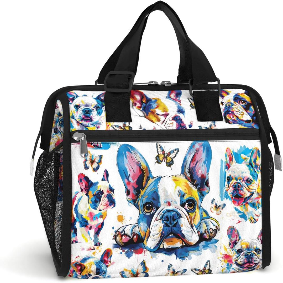 84hoods Insulated Lunch Bag for Women. Gift for Frenchie Lovers. Large Lunch Box for Work Office Travel Picnic with Adjustable Strap. Colorful Ink.