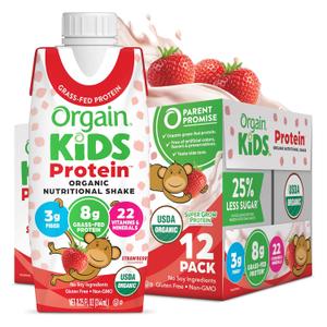 Orgain Organic Kids Nutritional Protein Shake, Strawberry, Healthy Kids Snacks, 8g Dairy Protein, 3g of Fiber, 22 Vitamins & Minerals, No Soy ingredients, Gluten Free, Non-GMO, 8.25 Fl Oz (Pack of 12)