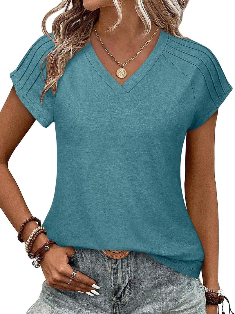 Women V Neck Pleated Short Sleeve Tops Summer Casual Tee Shirts Relaxed Basic Tunic Blouse (Small, Mint Green)