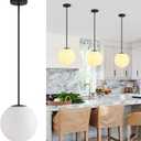 10in Milk Glass Pendant Light, Mid Century Modern Pendant Lights Kitchen Island, Black Fininsh Hanging Light Fixture for Dining Room Over Table Sink Hallway, Black & Milk 1 Pack