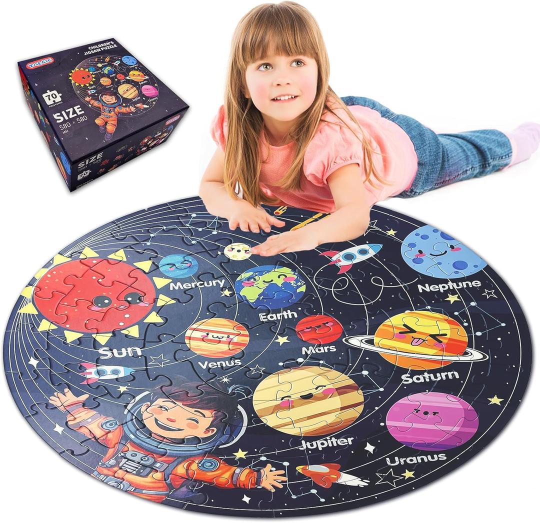 TALGIC Puzzles for Kids Ages 4-6 with Solar System Planets, 70 Piece Round Large Kids Floor Puzzles for Ages 3 4 5 6 7 8, Educational Toy Gift Jigsaw Puzzles for 5 Year Old Boys Girls