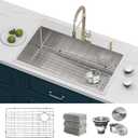 Kitchen Sink 33 x 22 Inch Drop-In Top Mount 16 Gauge Deep R10 Single Bowl 2-Hole Stainless Steel Kitchen Sink and Accessories (Pack of 4)